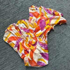 Abel The Label Colorful High Low Dress Flutter Sleeve Ruffle Trim Flowy Sz Large